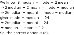 begin mathsize 12px style We space know comma space 3 space median space equals space mode space plus space 2 space mean
rightwards double arrow 2 space median space minus space 2 space mean space equals space mode space minus space median
rightwards double arrow 2 open parentheses median space minus space mean close parentheses space equals space mode space minus space median
given space mode space minus space median space equals space 24
rightwards double arrow 2 open parentheses median space minus space mean close parentheses space equals space 24
rightwards double arrow median space minus space mean space equals space 12
So comma space the space correct space option space is space left parenthesis straight a right parenthesis. end style