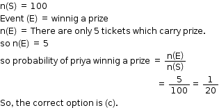 begin mathsize 12px style straight n left parenthesis straight S right parenthesis space equals space 100 space space
Event space left parenthesis straight E right parenthesis space equals space winnig space straight a space prize space space
straight n left parenthesis straight E right parenthesis space equals space There space are space only space 5 space tickets space which space carry space prize.
so space straight n left parenthesis straight E right parenthesis space equals space 5
so space probability space of space priya space winnig space straight a space prize space equals space fraction numerator straight n open parentheses straight E close parentheses over denominator straight n open parentheses straight S close parentheses end fraction
space space space space space space space space space space space space space space space space space space space space space space space space space space space space space space space space space space space space space space space space space space space space space space space space space space space space space space space space space space space space space space space space space space space space space space space space space space space equals space 5 over 100 equals space 1 over 20
So comma space the space correct space option space is space left parenthesis straight c right parenthesis. end style