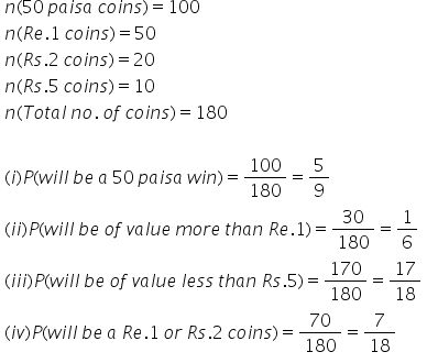 table attributes columnalign left end attributes row cell n left parenthesis 50 text    end text p a i s a text    end text c o i n s right parenthesis equals 100 end cell row cell n left parenthesis R e.1 text    end text c o i n s right parenthesis equals 50 end cell row cell n left parenthesis R s.2 text    end text c o i n s right parenthesis equals 20 end cell row cell n left parenthesis R s.5 text    end text c o i n s right parenthesis equals 10 end cell row cell n left parenthesis T o t a l text    end text n o. text    end text o f text    end text c o i n s right parenthesis equals 180 end cell row blank row cell left parenthesis i right parenthesis P left parenthesis w i l l text    end text b e text    end text a text    end text 50 text    end text p a i s a text    end text w i n right parenthesis equals 100 over 180 equals 5 over 9 end cell row cell left parenthesis i i right parenthesis P left parenthesis w i l l text    end text b e text   end text o f text    end text v a l u e text    end text m o r e text    end text t h a n text    end text R e.1 right parenthesis equals 30 over 180 equals 1 over 6 end cell row cell left parenthesis i i i right parenthesis P left parenthesis w i l l text    end text b e text    end text o f text    end text v a l u e text    end text l e s s text    end text t h a n text    end text R s.5 right parenthesis equals 170 over 180 equals 17 over 18 end cell row cell left parenthesis i v right parenthesis P left parenthesis w i l l text    end text b e text    end text a text    end text R e.1 text    end text o r text    end text R s.2 text    end text c o i n s right parenthesis equals 70 over 180 equals 7 over 18 end cell end table