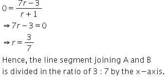 table attributes columnalign left end attributes row cell 0 equals fraction numerator 7 r minus 3 over denominator r plus 1 end fraction end cell row cell rightwards double arrow 7 r minus 3 equals 0 end cell row cell rightwards double arrow r equals 3 over 7 end cell row cell text Hence ,  the   line   segment   joining   A   and   B   end text end cell row cell text is   divided   in   the   ratio   of   3  :  7   by   the   x-axis. end text end cell end table