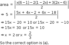 begin mathsize 12px style area space equals space open vertical bar fraction numerator straight x left parenthesis 6 minus 1 right parenthesis minus 2 left parenthesis 1 minus 2 straight x right parenthesis plus 3 left parenthesis 2 straight x minus 6 right parenthesis over denominator 2 end fraction close vertical bar
rightwards double arrow space 5 space equals space open vertical bar fraction numerator 5 straight x space plus space 4 straight x minus 2 space plus space 6 straight x space minus space 18 over denominator 2 end fraction close vertical bar
rightwards double arrow 15 straight x space minus space 20 space equals space 10 space or space 15 straight x space minus space 20 space equals space minus 10
rightwards double arrow 15 straight x equals space 30 space space or space 15 straight x space equals space 10
rightwards double arrow straight x space equals space 2 space or space straight x space equals space 2 over 3
So space the space correct space option space is space left parenthesis straight a right parenthesis. end style