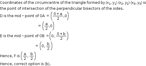 begin mathsize 12px style Coordinates space of space the space circumcentre space of space the space triangle space formed space by space left parenthesis straight x subscript 1 comma space straight y subscript 1 right parenthesis space left parenthesis straight x subscript 2 comma space straight y subscript 2 right parenthesis space left parenthesis straight x subscript 3 comma space straight y subscript 3 right parenthesis space is
the space point space of space intersection space of space the space perpendicular space bisectors space of space the space sides.
straight D space is space the space mid minus point space of space OA space equals space open parentheses fraction numerator 0 plus straight a over denominator 2 end fraction comma 0 close parentheses
space space space space space space space space space space space space space space space space space space space space space space space space space space space space space space space space space space space space space space space space space space equals space open parentheses straight a over 2 comma 0 close parentheses
straight E space is space the space mid minus point space of space OB space equals open parentheses 0 comma space fraction numerator 0 plus straight b over denominator 2 end fraction close parentheses
space space space space space space space space space space space space space space space space space space space space space space space space space space space space space space space space space space space space space space space equals space open parentheses 0 comma space straight b over 2 close parentheses space space space
Hence comma space straight F space is space open parentheses straight a over 2 comma space straight b over 2 close parentheses space
Hence comma space correct space option space is space left parenthesis straight b right parenthesis. end style