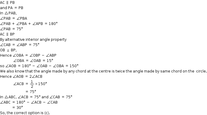 begin mathsize 12px style AC space parallel to space PB
and space PA space equals space PB
In space triangle PAB comma
angle PAB space equals space angle PBA
angle PAB space plus space angle PBA space plus space angle APB space equals space 180 degree
angle PAB space equals space 75 degree
AC space parallel to space BP
By space alternative space interior space angle space property
angle CAB space equals space angle ABP space equals space 75 degree
OB space perpendicular space BP comma
Hence space angle OBA space equals space angle OBP space minus space angle ABP
space space space space space space space space space space space space space space space angle OBA space equals space angle OAB space equals space 15 degree
so space angle AOB space equals space 180 degree space minus space angle OAB space minus space angle OBA space equals space 150 degree
We space also space know space that space the space angle space made space by space any space chord space at space the space centre space is space twice space the space angle space made space by space same space chord space on space the space space circle.
Hence space angle AOB space equals space 2 angle ACB
space space space space space space space space space space space space space space space angle ACB space equals space 1 half cross times 150 degree
space space space space space space space space space space space space space space space space space space space space space space space space space space space space equals space 75 degree
In space triangle ABC comma space angle ACB space equals space 75 degree space and space angle CAB space equals space 75 degree
angle ABC space equals space 180 degree space minus space angle ACB space minus space angle CAB
space space space space space space space space space space space space space equals space 30 degree
So comma space the space correct space option space is space left parenthesis straight c right parenthesis. end style