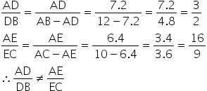 AD over DB equals fraction numerator AD over denominator AB minus AD end fraction equals fraction numerator 7.2 over denominator 12 minus 7.2 end fraction equals fraction numerator 7.2 over denominator 4.8 end fraction equals 3 over 2
AE over EC equals fraction numerator AE over denominator AC minus AE end fraction equals fraction numerator 6.4 over denominator 10 minus 6.4 end fraction equals fraction numerator 3.4 over denominator 3.6 end fraction equals 16 over 9
therefore AD over DB not equal to AE over EC